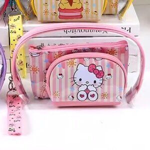 Hello Kitty 3 piece Cosmetic Bag Set Transparent Bag & 2 Smaller Bags NEW